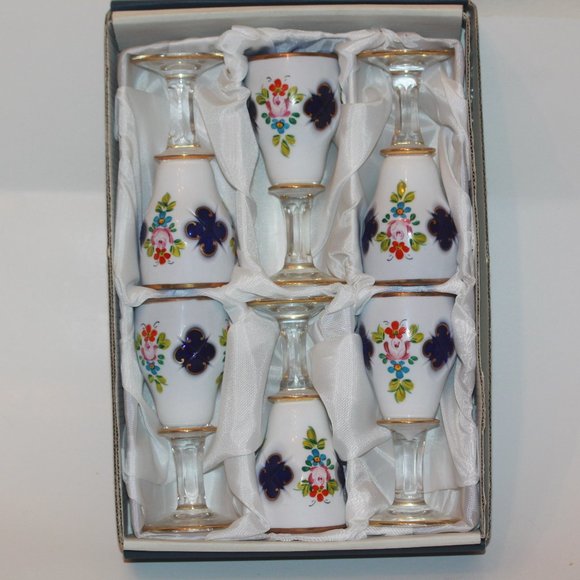 Set of 6 Bohemian Czech Blue Cased To White Shot Cordial Glasses RARE - Picture 1 of 6